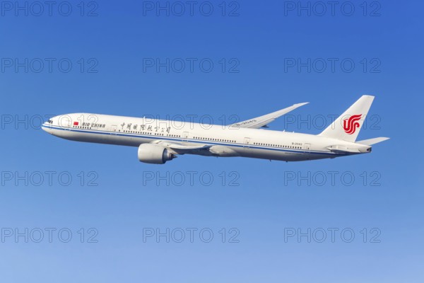 An Air China Boeing 777-300ER aircraft with registration number B-2043 at Munich Airport, Germany, Europe