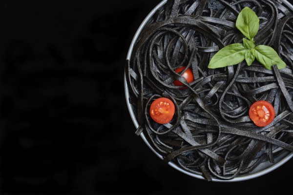 Black pasta coloured with squid ink, Taglioni al Nero di Seppia, Italy, Europe