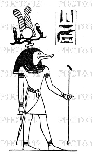 Sachmet-wasit, Sechmet-wasit, Sachmet-wasyt, Sechmet-wasyt, ancient Egyptian goddess of the underworld, standing goddess with lion's head, in her right hand an ankh sign, in her left hand a was-sceptre, historical, digital reproduction of an original from the 19th century