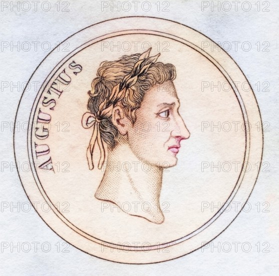 Augustus, born Gaius Octavius Thurinus, known as Gaius Julius Caesar Octavianus 63 BC, 14 AD First Emperor of the Roman Empire From the book Crabbs Historical Dictionary, published 1825, Historical, digitally restored reproduction from a 19th century original, Record date not stated