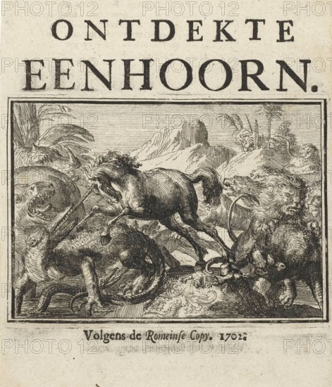 Title page for the pamphlet, The Discovered Unicorn, 1701, Holland, Historical, digitally restored reproduction from a 19th century original, Record date not stated