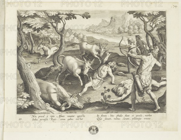 Venationes ferarum, avium, piscium, Hunts for Wild Animals, Birds and Fish, Unicorn Hunt, 1596, Antwerp, by Jan Collaert the Younger, Jan van der Straet, Philips Galle, Historical, digitally restored reproduction from a 19th century original, Record date not stated