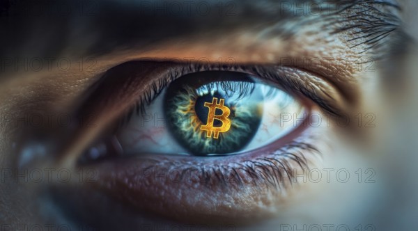 Close up of an eye with bitcoin sign in retina. Concept of earnings and market gains using bitcoin., AI generated