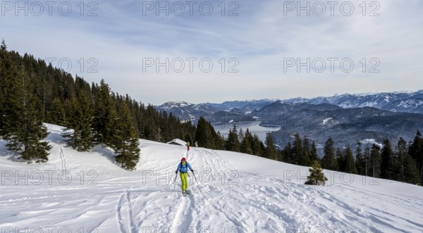 Ski tourers climbing Simetsberg, view of Walchensee, Estergebirge, Bavarian Prealps, Bavaria Germany