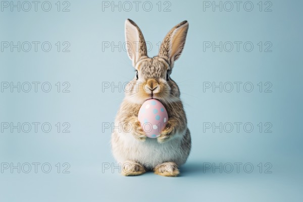 Cute Easter bunny holding painted egg in front of blue background . Generative Ai, AI generated