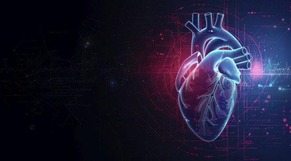 Concept of technology and innovation in health and heart research. Heart health monitoring, AI generated