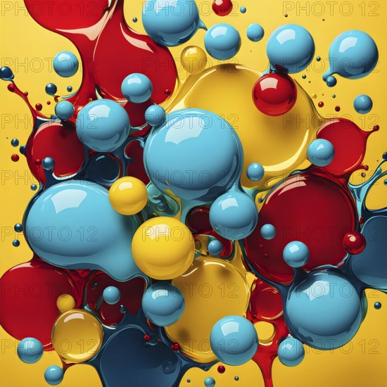 Abstract image with vibrant blue and red blobs and liquid shapes on a yellow background, AI generated