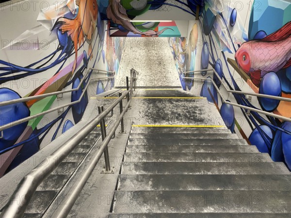 Subway, pedestrian subway, at night, brightly lit, graffiti, Sommerrain, Stuttgart, Baden-Württemberg, Germany, Europe