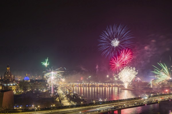 New Year's Eve fireworks over Dresden's Old Town, Dresden, Saxony, Germany, Europe