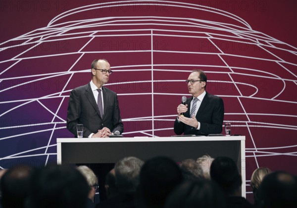 Friedrich Merz, Chairman of the CDU/CSU parliamentary group in the German Bundestag and Alexander Dobrindt, First Deputy Chairman of the CDU/CSU parliamentary group in the German Bundestag recorded at the event, Wir hören zu | Gipfel der CDU/CSU-Fraktion I Wirtschaftswende für Deutschland at the German Bundestag in Berlin, 1 February 2024