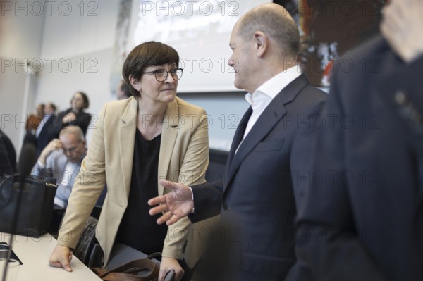 Olaf Scholz (SPD), Federal Chancellor speaks with Saskia Esken, Federal Chairwoman of the SPD, recorded during the SPD parliamentary group meeting in Berlin, 12 March 2024