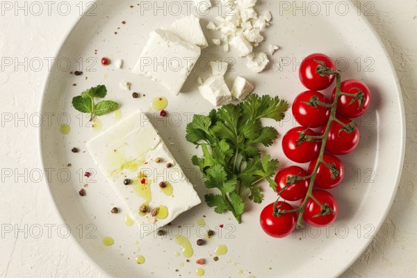 Feta cheese, for salads, with cherry, green butter, greens, on a white plate, appetizer, top view, close-up