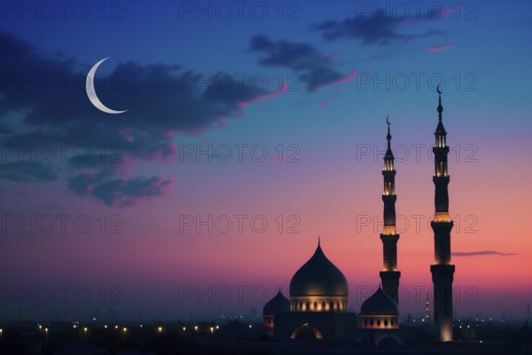 Ramadan with a mosque silhouetted against a starry night sky, illuminated by the crescent moon, AI generated