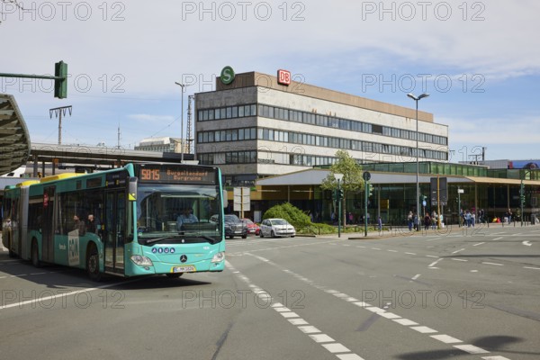 Bus line 5815 of EVAG, Essener Verkehrs-AG and back of the main railway station in Essen, Ruhr area, independent city, North Rhine-Westphalia, Germany, Europe