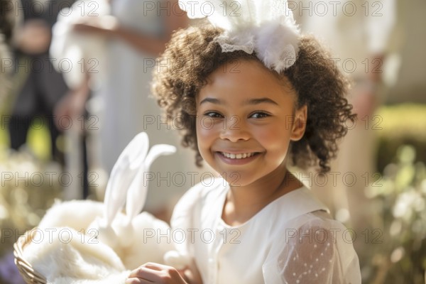 Portrait of a beautiful mulatto girl wearing a white dress for easter sunday and holding a bunny, generative AI, AI generated