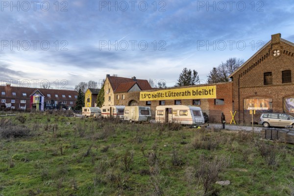 Camp of climate activists in the rest of the village of Lützerath, the last place to be excavated at the Garzweiler 2 open-cast lignite mine, North Rhine-Westphalia, Germany, Europe