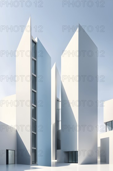 Minimalist architectural composition of modern buildings, with clean angles, rendered in geometric forms and soft hues of grey, cream, and light blue, AI generated