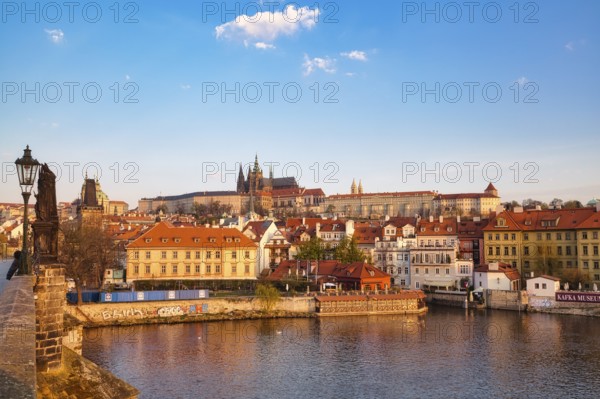 View over the Vltava River to Hradcany Hill, Charles Bridge, Prague, Czech Republic, Europe