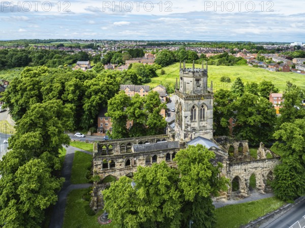 All Saints Church in Pontefract from a drone, West Yorkshire, England, United Kingdom, Europe