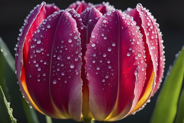 Dew-covered tulip, with water droplets glistening on its vibrant petals in early morning light, AI generated