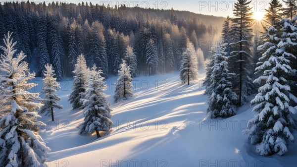 Peaceful snowy forest clearing at dawn with snow softly blanketing the ground and frost-covered pine trees, AI generated