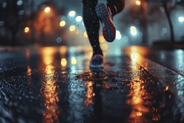 A jogger runs along a road at night in rainy weather, accident risk, risk sport, AI generated, AI generated, AI generated