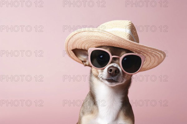 Funny dog with pink sunglasses and summer straw hat in front of pink studio background. KI generiert, generiert AI generated