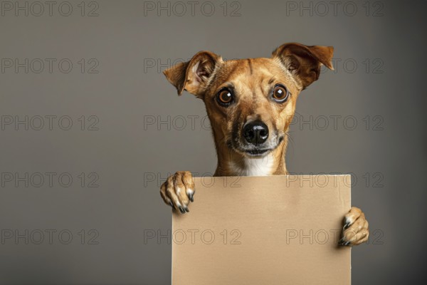 Dog holding empty brown sign in front of dark studio background. KI generiert, generiert, AI generated