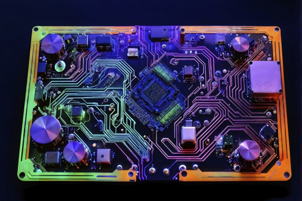 Birds eye view of a circuit board in vivid colored paths and connections, AI generated