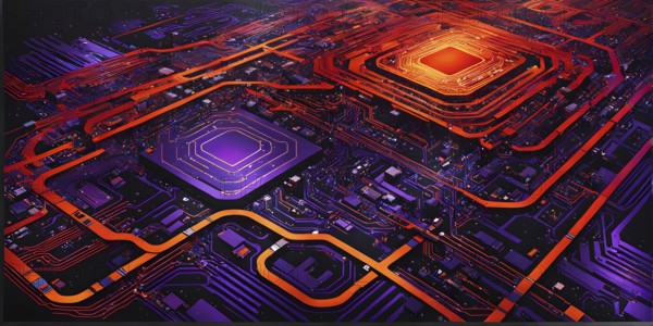 Birds eye view of a circuit board in vivid colored paths and connections, AI generated