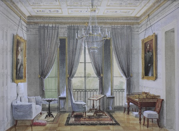 Historic, digitally restored reproduction from a 19th century original, Record date not stated, Living room of Princess Caroline, Winterpalais, Palais Friedrichsthal, Friedrichstal, around 1846, Gotha, Thuringia, Germany, Europe