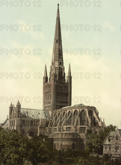 Cathedral of the Holy and Undivided Trinity, The Cathedral Church of The Holy Trinity, of Norwich in Norfolk, England, c. 1890, Historic, digitally restored reproduction from a 19th century original