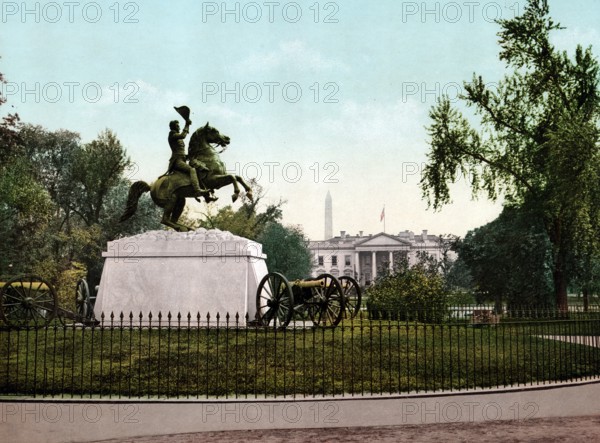 The Jackson Monument and the White House, Washington, United States, 1890, Historic, digitally restored reproduction from a 19th century original The Jackson Monument and the White House, United States, Historic, digitally restored reproduction from a 19th century original, North America