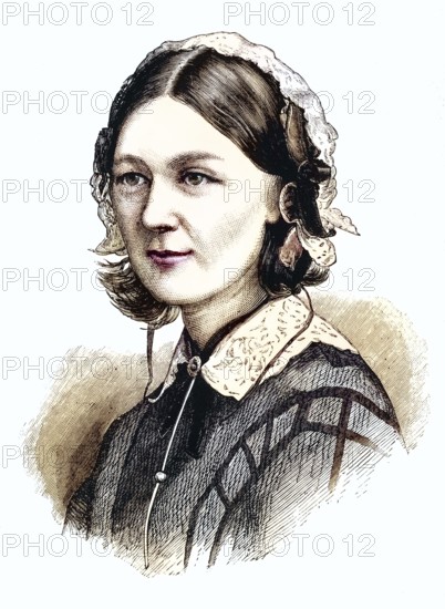 Florence Nightingale (12 May 1820 - 13 August 1910) was a British nurse, statistician, founder of modern western nursing, From The Illustrated Midland News, 19 March 1870. wood engraving, Historic, digitally restored reproduction from a 19th century original, Record date not stated