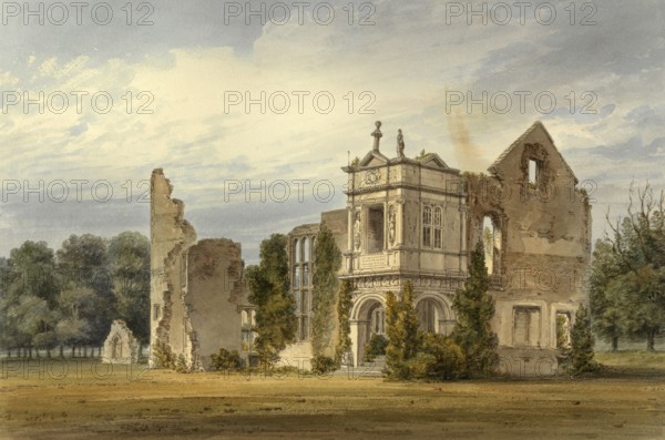 South-east view of the remains of Gorhambury House, Hertfordshire, belonging to the Earl of Verulam, England, digitally restored reproduction of a 19th-century original by John Buckler, Record date not stated, South East View of the Remains of the Gorhambury House, belonging to the Earl of Verulam, digitally restored reproduction of a 19th-century original, Record date not stated