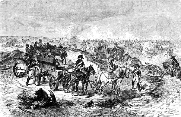 Cannonade of Valmy 1792, Champagne, France, war of Prussia against France, First Coalition War, Prussian army, cannons, horse-drawn carriage, soldiers, horsemen, fire, siege, battle, battle, commander Duke Karl Wilhelm Ferdinand of Brunswick, landscape, historical illustration 1882, Europe