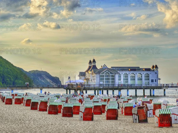 The Sellin pier, 394 metres long, with restaurant, jetty, beach chairs, island of Rügen, Mecklenburg-Western Pomerania, Germany, Europe