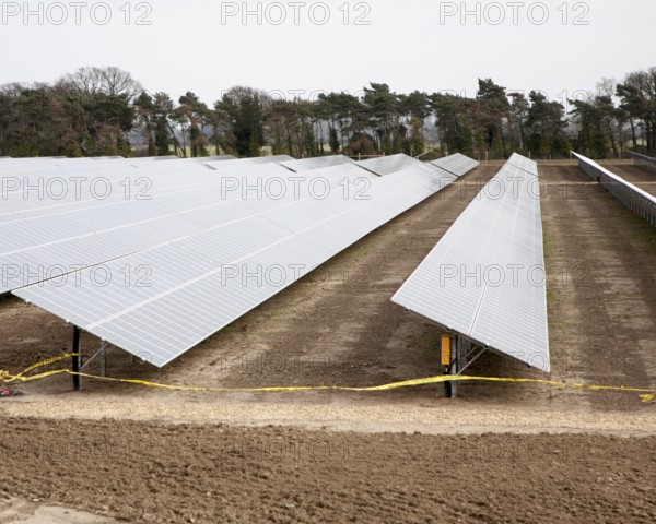 Solar array of photovoltaic panels in a large new solar park at Bucklesham, Suffolk, England, United Kingdom, Europe