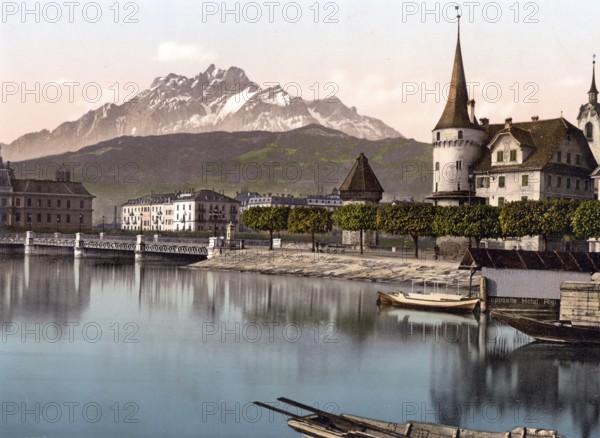 Neue Bruecke and Pilatus, Lucerne, Switzerland, Historic, digitally restored reproduction from a 19th century original, Record date not stated, Europe