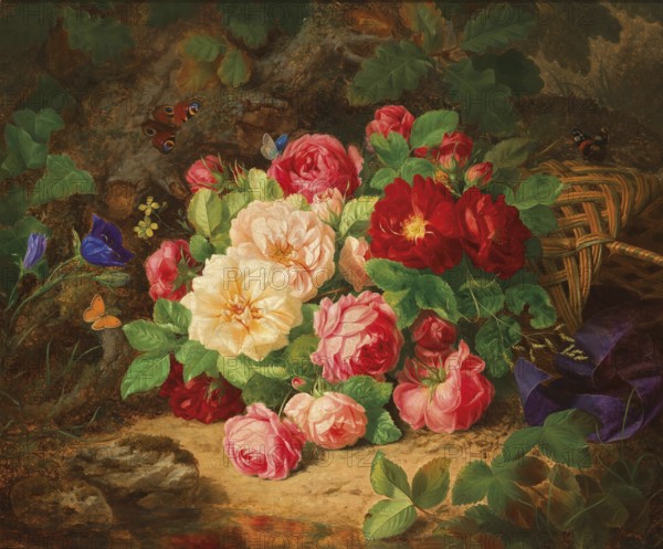 A forest floor with a still life of roses and butterflies, painting by Josef Lauer (1818, 1881), Austrian still life painter who was active in the Biedermeier period, among others