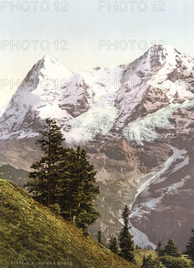 Eiger und Mönch, Bernese Oberland, Switzerland, Historic, digitally restored reproduction from a 19th century original, Record date not stated, Eiger and Mönch, Bernese Oberland, Switzerland, Historic, digitally restored reproduction from a 19th century original, Record date not stated, Europe