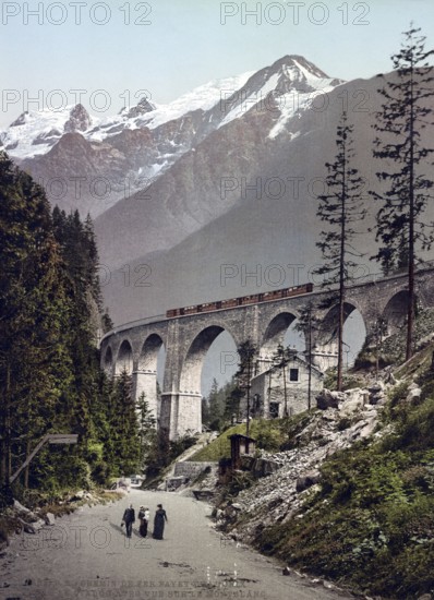 Chemin de Fer Fayet-Chamonix. The viaduct overlooking Montblanc, Switzerland, digitally restored reproduction from a 19th century original, record date not stated, Chemin de Fer Fayet-Chamonix. The viaduct overlooking Montblanc, Switzerland, digitally restored reproduction from a 19th century original, record date not stated, Europe