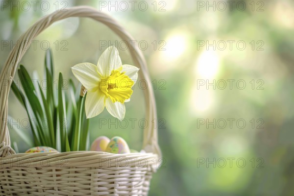 White and yellow Daffodil spring flower in basket with easter eggs in front of green nature background with copy sapce. Generative AI, AI generated