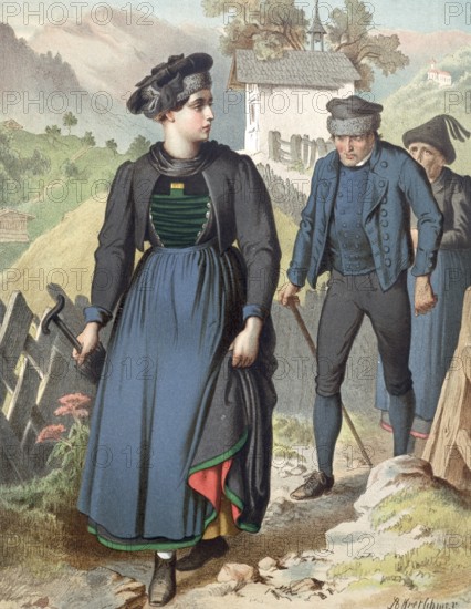 Traditional costumes in Germany around 1820, Vorarlberg, Klostertal, woman with hammer and two men in traditional costumes in a rural setting, digitally retouched reproduction of a model from around 1850, by Albert Kretschmer (27 February 1825, 11 July 1891), German painter and traditional costume expert