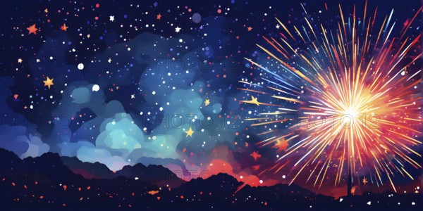 Wallpaper illustration of an explosion of vibrant fireworks colors in a night sky, symbol for happy new year, AI generated