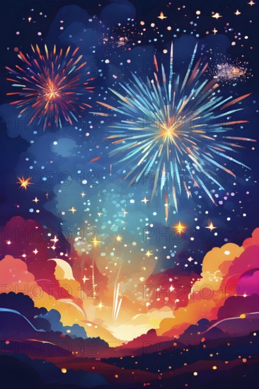 Wallpaper illustration of an explosion of vibrant fireworks colors in a night sky, symbol for happy new year, AI generated