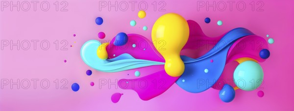 Abstract image with colorful yellow and turquoise blobs and liquid shapes on a pink background, AI generated