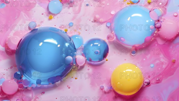 Abstract image with colorful yellow and turquoise blobs and liquid shapes on a pink background, AI generated