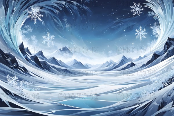 Abstract illustration of dreamy, icy landscape with swirling blues, whites, and silvers, evoking the feeling of a cold winter's breeze, AI generated