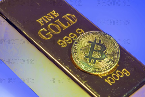 Cryptocurrency, gold bar, guarantor for analogue currencies, symbol coin, optical placeholder for the digital currency, blockchain, stock market prices